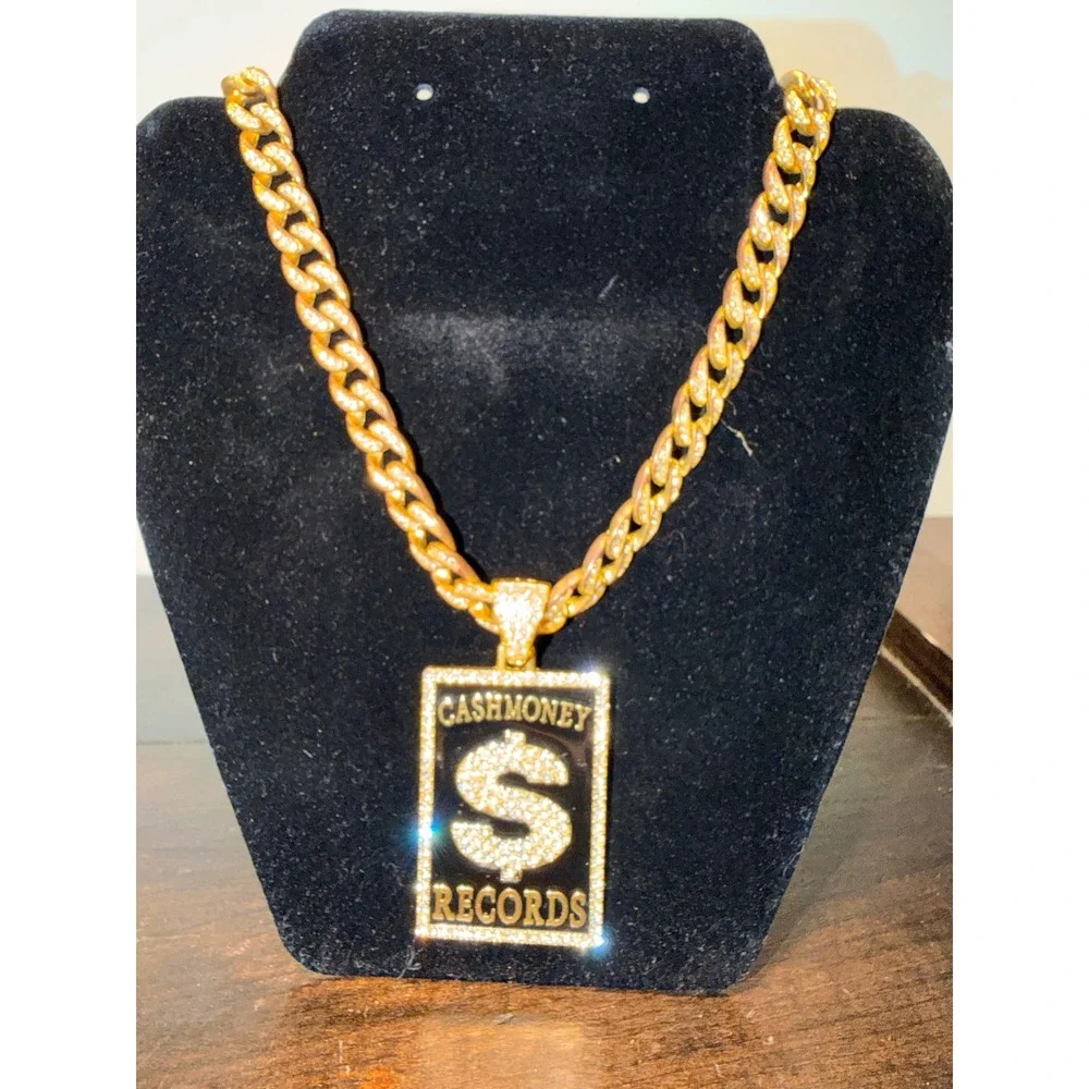 Mens Gold Tone CashMoney Records Pendant Chain Necklace Iced Cuban Box Out Bling